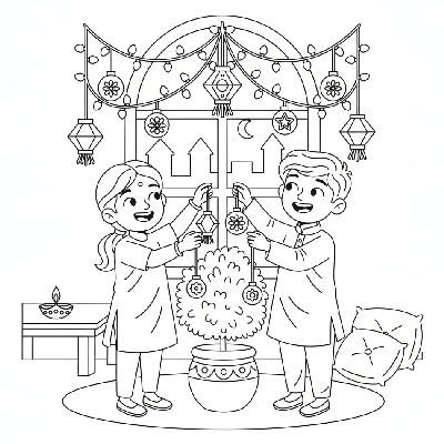 Children happily decorating a small indoor tree with Diwali lights and ornaments, joyful and enthusiastic, line art