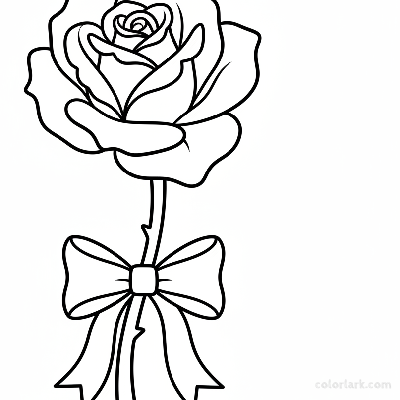 Easy rose with a cute ribbon coloring page for girls, black and white line art, simple floral with bow.