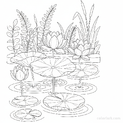 Black and white line art of serene lotus flowers and lily pads on calm pond water.