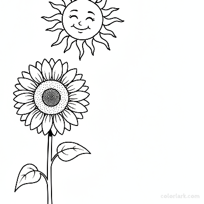 Black and white line art of a sunflower looking up at a smiling sun character
