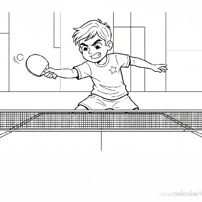 Line art of an aspiring champion boy performing a forehand power shot in table tennis.