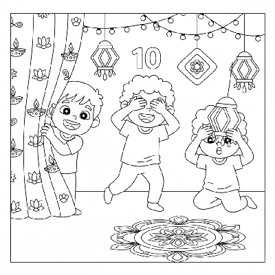 Laughing children playing hide-and-seek among festive Diwali decorations, full of joy and movement, black-and-white line art