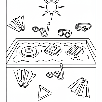 Black and white line art of summer swimming pool items like flippers, goggles, and pool floats, all composed of circles, squares, and triangles for shape learning.