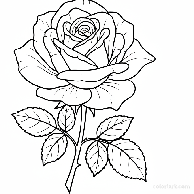 Black and white line art of a blooming rose with pre-shaded areas in grayscale for advanced coloring
