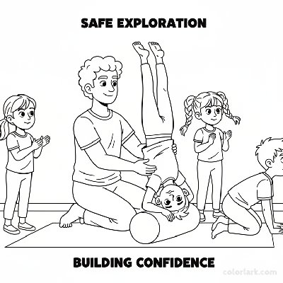 Line art of kids practicing modified Headstand with a yoga instructor.