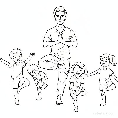 Line art of kids practicing Eagle Pose for focus with a yoga teacher.