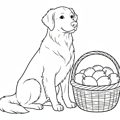 Black and white line art of a loyal dog sitting next to a basket full of mangoes, designed for Indian students to color.
