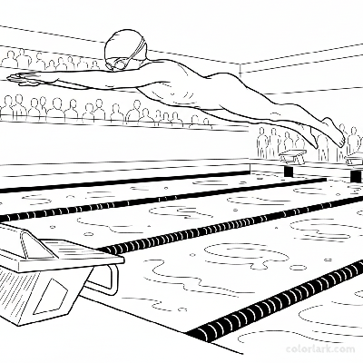 Black and white line art of a young swimmer mid-dive from a starting block into a swimming pool during a competition.