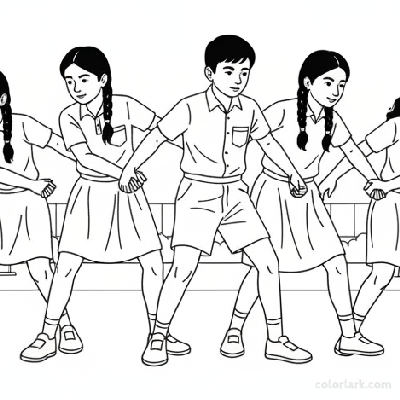Black and white line art of Indian school kids forming a synchronized kabaddi defense chain, holding hands with coordinated stances.