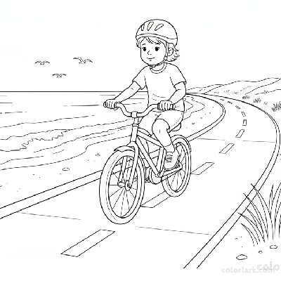 Black and white line art coloring page of a child with a helmet, riding a bicycle on a wide seashore bike path.