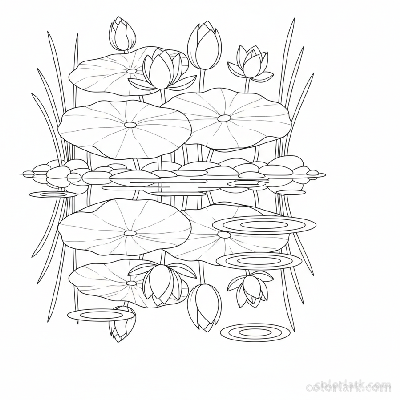 Black and white line art showing lily pads and lotus petals with their reflections on water.
