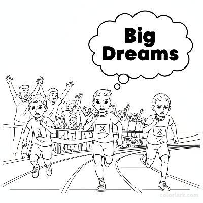 Line art of young athletes sprinting to a finish line with 'Big Dreams' thought bubble, cheered by mentors