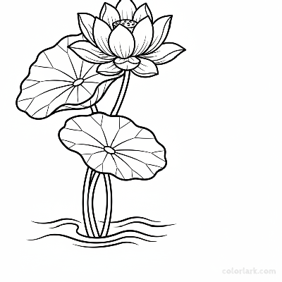 Black and white line art of a lotus flower in side profile with its stem and leaves.