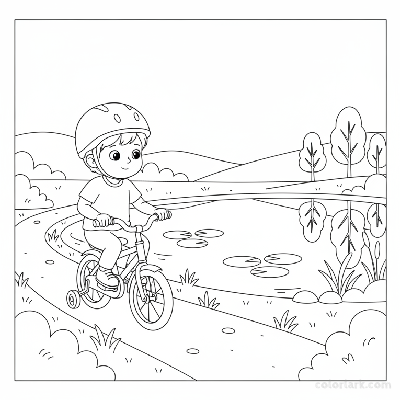 Black and white line art coloring page of a child with a helmet, riding a bicycle on a path next to a calm pond.