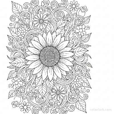 Black and white intricate line art of a sunflower surrounded by vines and floral patterns
