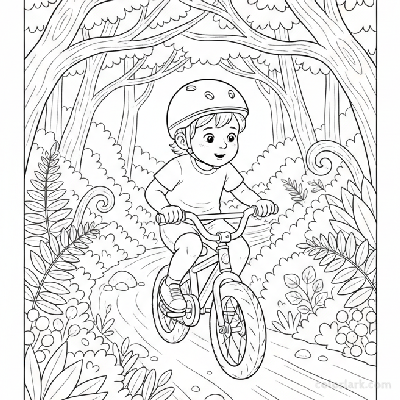 Black and white line art coloring page of a child wearing a helmet, riding a bicycle on a winding track through a woodland.