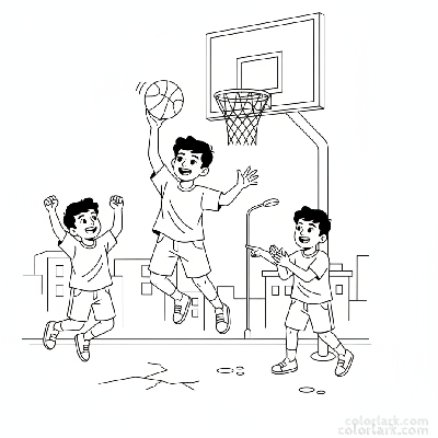 Line art of a happy Indian boy jumping to shoot a basketball on a street, with two friends cheering.