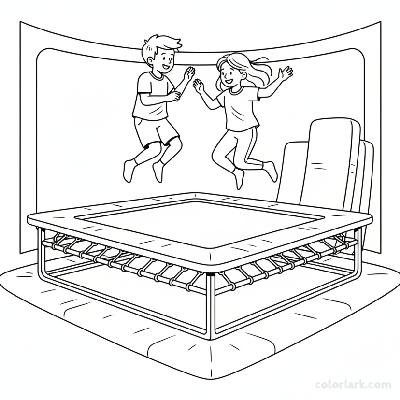 Black and white line art of kids playing a fun jumping game on a large trampoline in a kids fitness center.