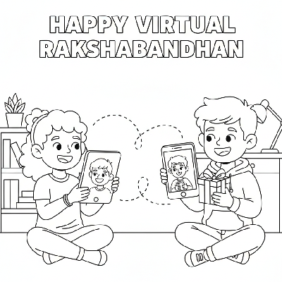 Line art of a brother and sister video calling for virtual Rakshabandhan