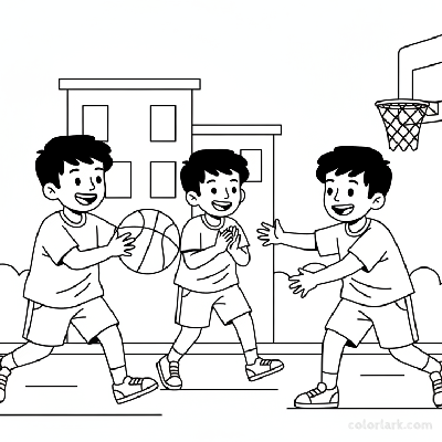 Line art of joyful Indian children passing a basketball on a street, with a friend cheering.