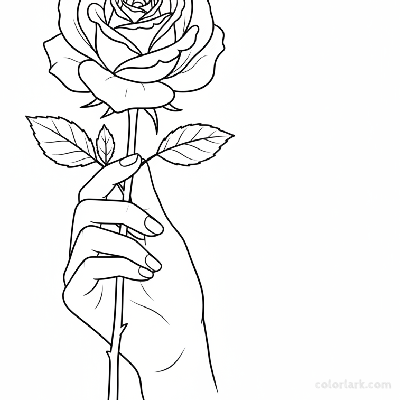 Black and white line art of a gentle hand delicately holding a single fully bloomed rose by its stem