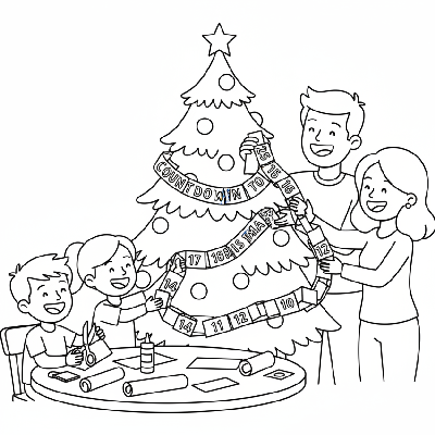 Black and white line art of a family making a 'Countdown to Christmas' chain and hanging it on the tree.