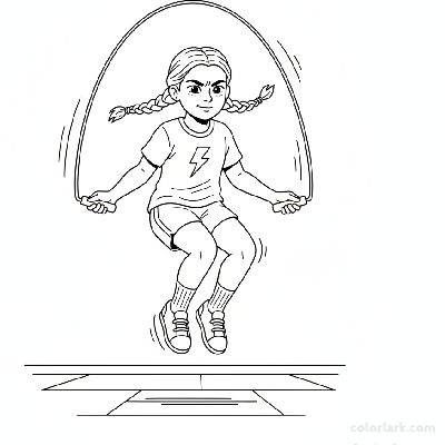 Line art of a determined girl skipping rope challenge outdoors