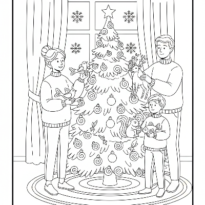 Line art of a family decorating a Christmas tree with unique hand-blown glass animal ornaments.