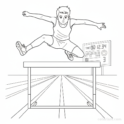 Black and white line art of a young boy demonstrating perfect hurdle jump technique over a hurdle on an athletics track.