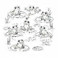 A black-and-white line art illustration of seven friendly green frogs in a pond, for a number 7 counting coloring page.
