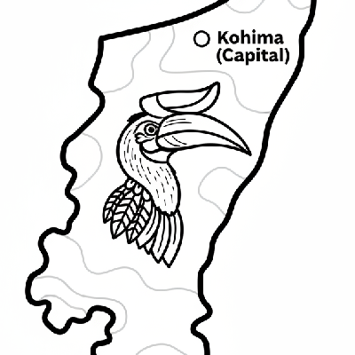 Line art coloring map of Nagaland state, featuring a Hornbill bird symbol representing its culture and Kohima.
