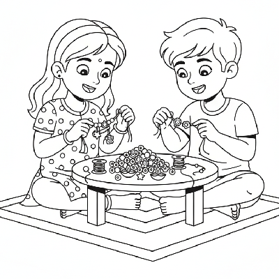 Children crafting friendship bracelets with Diwali charms and beads, focused and happy, black-and-white line art