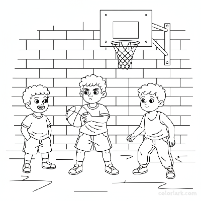 Line art of Indian children practicing street basketball, one passing and friends observing.