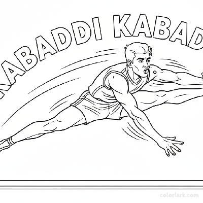 Black and white line art of an Indian Kabaddi player in full extension, chanting 'Kabaddi Kabaddi'.