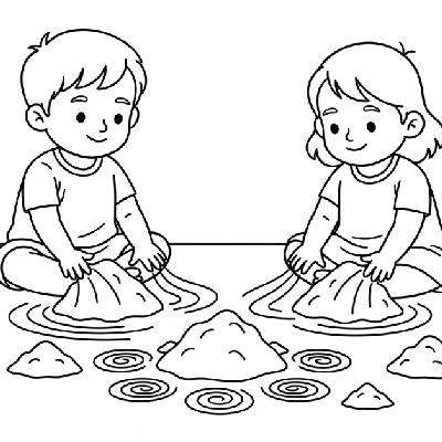 Toddlers gleefully playing with colorful chalk powder to create simple rangoli designs on the floor, line art