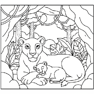 Black and white line art of a lioness and cub resting in a cave entrance in an Indian jungle