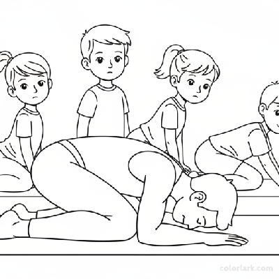 Line art of kids doing Pigeon Pose for hip stretch with a yoga instructor.
