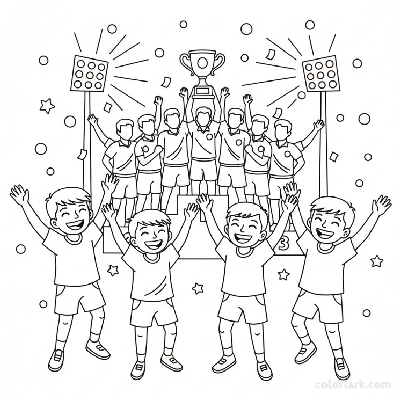 Line art of joyful Indian children celebrating a Kabaddi National Championship win with arms raised in victory.