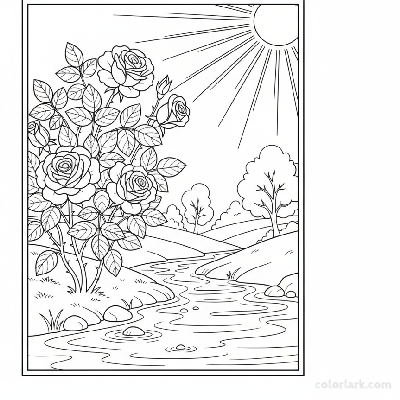 Black and white line art of a beautiful rose bush blooming gracefully by a gentle, flowing stream