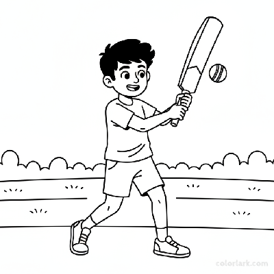 Line art of a young Indian boy happily swinging a cricket bat on a sunny cricket field.