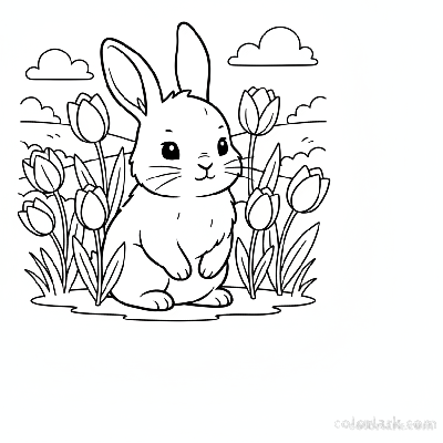 Line art illustration of a cute rabbit sitting among blooming tulips in a spring meadow