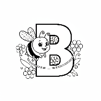 Black and white line art of a cute bee flying around the letter B.