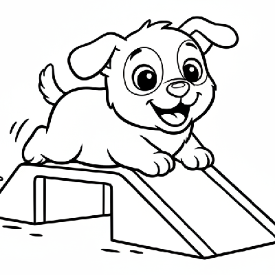 Black and white line art of a cheerful puppy sliding down a gentle ramp on its belly, easy for kids.