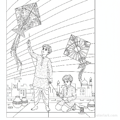 Line art of Indian boys with elaborate kites on an Indian city rooftop at dusk, suitable for coloring.
