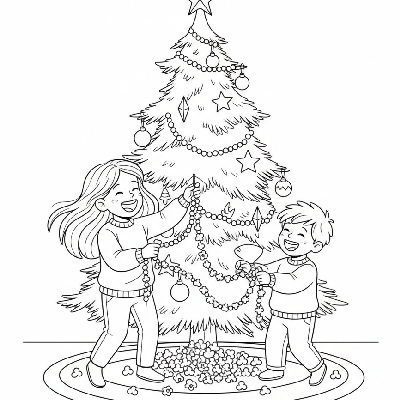 Black and white line art of siblings laughing and stringing popcorn garland on a festive Christmas tree.