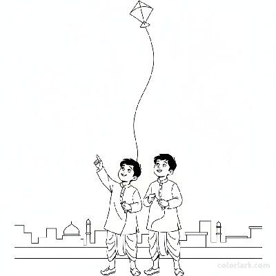 Line art of young Indian boys gazing up at a solo kite flying high from an Indian city rooftop, for coloring.