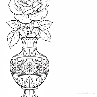 Black and white line art of a vintage style blooming rose in an ornate classic vase
