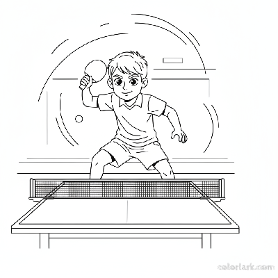 Line art of an energetic kid in a ready stance for a forehand topspin in table tennis.