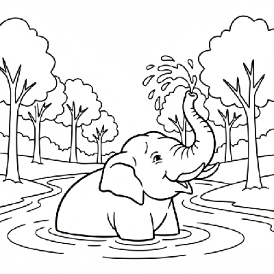 Black and white line art of an Indian elephant taking a cool bath in a forest river.