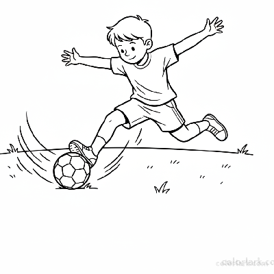 Line art of a boy child making an energetic football drive.